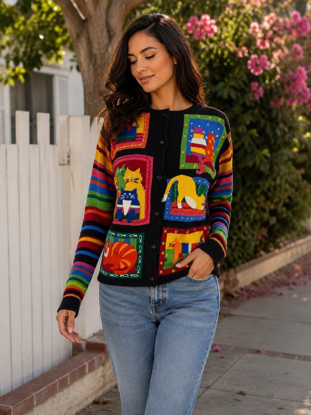 Susan Bristol Vintage Cat Lady Multicolor Cardigan Sweater in Women's Petite Sm